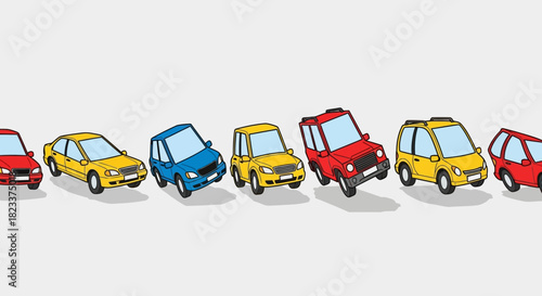A colorful row of cartoon vehicles, depicting a variety of cars and SUVs, arranged in a playful and stylized manner against a plain background