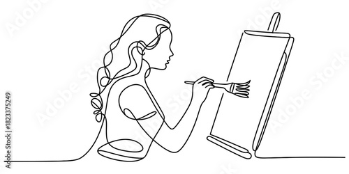 Continuous one line drawing of a woman artist painting on an easel, illustrating creativity, artistic expression, and minimalist design style. Vector, illustration