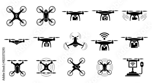 Diverse set of modern drone icons, showcasing unmanned aerial vehicles from multiple perspectives, ideal for technology, surveillance, and aerial photography design projects