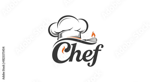 Artistic culinary emblem featuring a distinguished chef's hat alongside a stylized whisk with a flame, symbolizing gourmet cooking, professional kitchen expertise, and passion for food