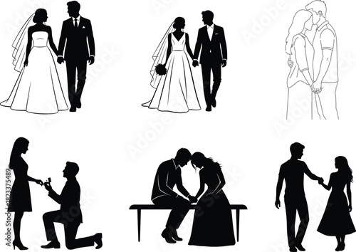 Collection of wedding couple silhouette illustrations in various poses and styles