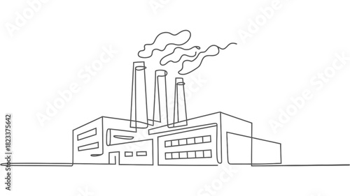 Continuous line drawing of an industrial factory building with multiple smoking chimneys, symbolizing manufacturing, pollution, and economic growth concept Vector, illustration