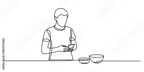 Continuous line drawing of a person holding a smartphone with empty bowls nearby, symbolizing digital interaction, cooking, and busy modern life. Vector, illustration