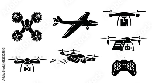 Silhouette Collection of Drones, Airplane, and Remote Control Vector Illustration