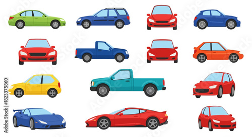 Various automobiles shown from different angles including sedans, sports cars, and SUVs