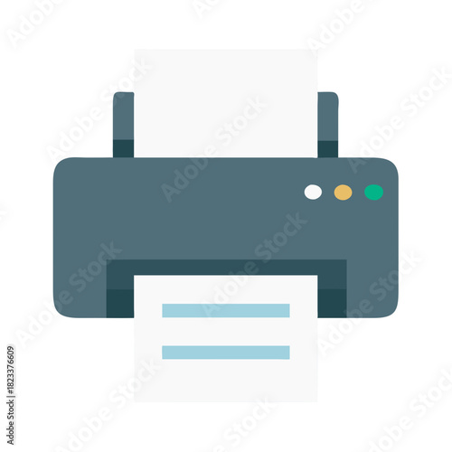 Blue flat style printer with blank paper outputs documents