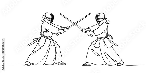 One continuous line drawing of two kendo martial artists in protective gear holding shinai swords, ready to duel and demonstrate traditional japanese combat discipline and spirit. Vector, illustration