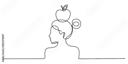 Continuous line art drawing of a woman's profile with an apple on her head, symbolizing healthy thinking, creativity, fresh ideas, and wisdom. Vector, illustration