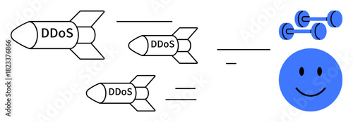 DDoS attack concept. Visual ation of DDoS threats with missile vectors and target resistance by a happy face and weights. DDoS risks and protective measures. For cybersecurity, internet protection
