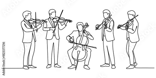 Continuous one line drawing of a classical string ensemble playing violins and cello, depicting musical performance art concept vector illustration Vector, illustration