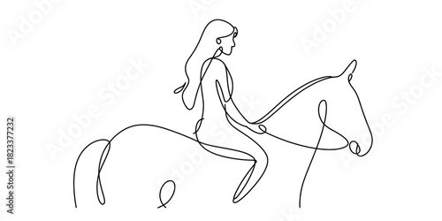 Continuous line drawing of an elegant woman riding a horse. minimalist artwork depicting equestrian grace, freedom, and the beautiful bond. Vector, illustration