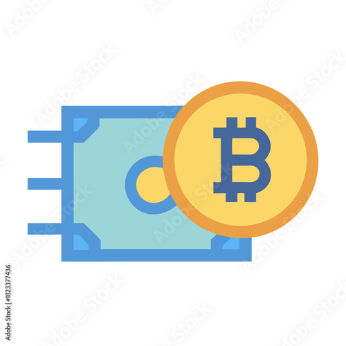 Stylized Bitcoin coin resting on simplified digital wallet