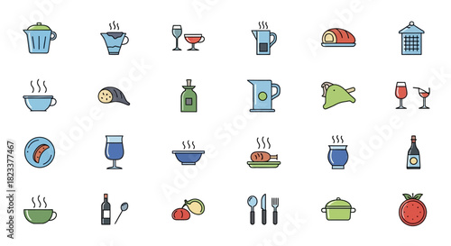 Collection of icons representing food, drinks, and kitchenware for culinary themes and restaurant use