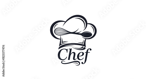 Culinary arts logo design with a chef hat, crossed spoon, and wire whisk. A professional symbol for a gourmet cook, restaurant, or catering business