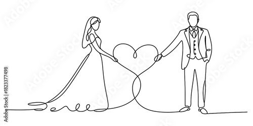 Continuous line drawing of a bride and groom holding hands, forming a heart shape, symbolizing everlasting love and unity for wedding concepts Vector, illustration