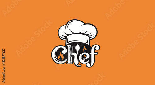 Stylized chef's hat and 'Chef' text logo featuring integrated culinary elements like flame icons and spoons, ideal for restaurant branding, food businesses, or cooking-related promotions