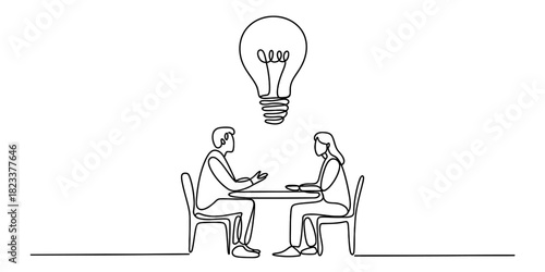 Single continuous line art of two business professionals conversing, brainstorming, and developing new ideas with a bright lightbulb overhead. Vector, illustration
