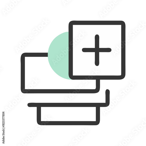 Stylized icon of printer with plus symbol on black