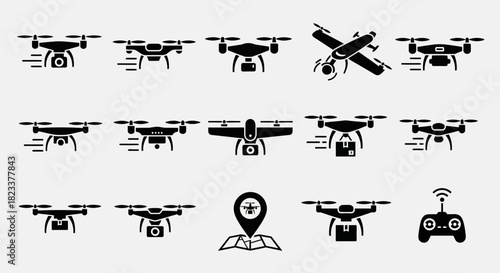 Comprehensive Set of Drone Icons Vector Collection Representing Unmanned Aerial Vehicles, Remote Control, Delivery, Photography, and Mapping Technology