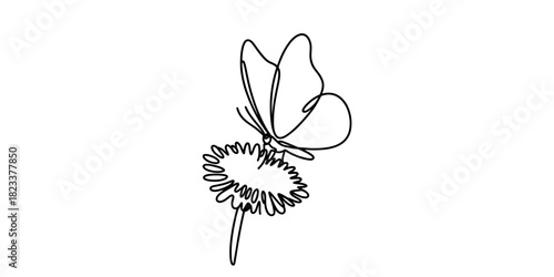 Continuous one line drawing of a graceful butterfly resting on a delicate blooming flower, capturing nature's serene beauty in minimalist art Vector, illustration