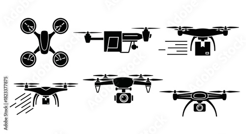 Collection of Drone Icons Vector Illustrations for Aerial Imagery and Delivery Services