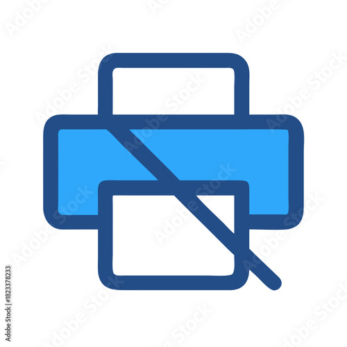 Blue outlined printer icon with diagonal cancel on black