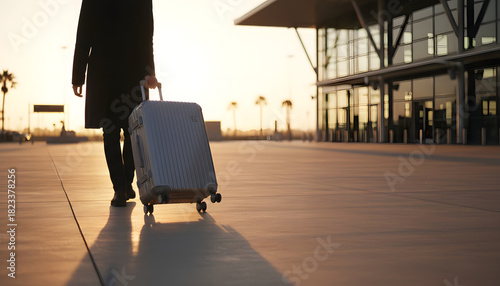 Close up of traveler with a suitcase at the airport at sunset. AI Generative