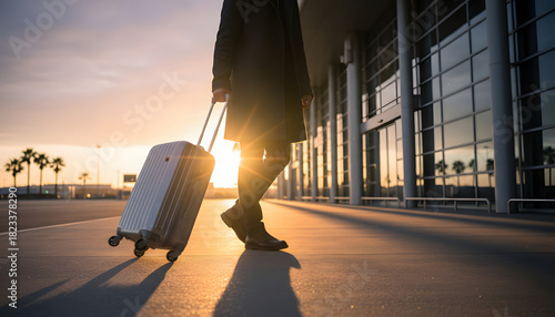 Close up of traveler with a suitcase at the airport at sunset. AI Generative