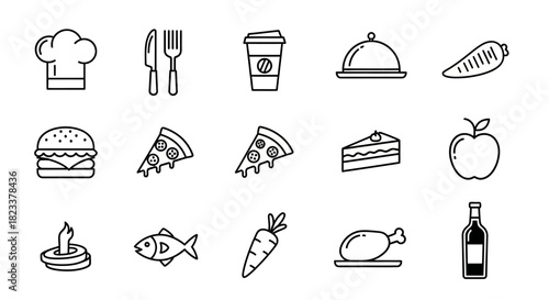 Collection of Various Food and Drink Icons, Including Utensils and Chef Hat