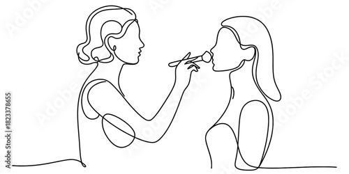 Continuous single line art drawing of a skilled makeup artist meticulously applying cosmetics to a woman's face, emphasizing beauty, self-care. Vector, illustration