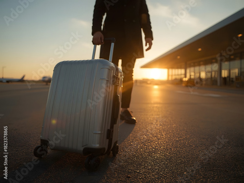 Close up of traveler with a suitcase at the airport at sunset. AI Generative