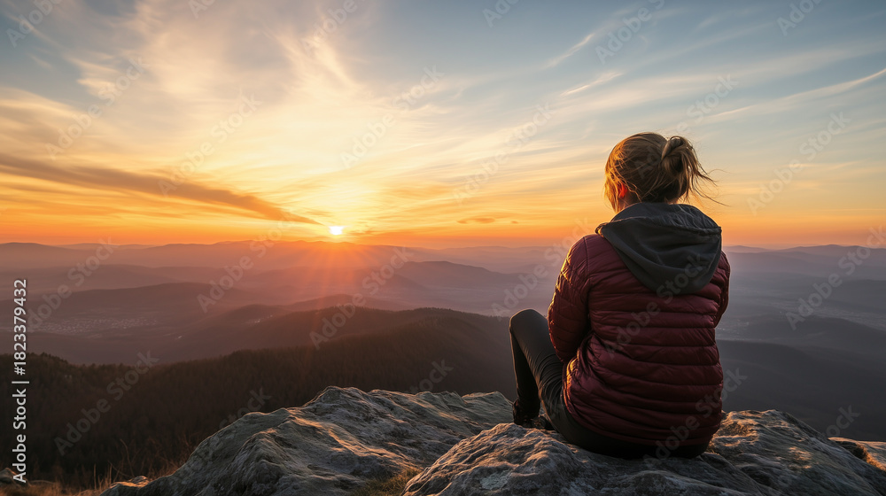 Fototapeta premium woman meditating on the mountains on the sunrise