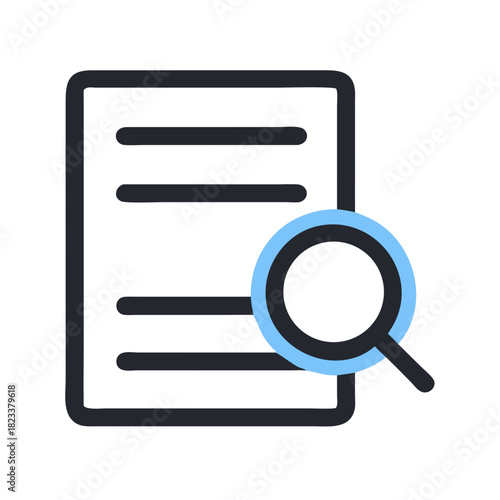 Document search icon, digital analysis, information retrieval, finding data