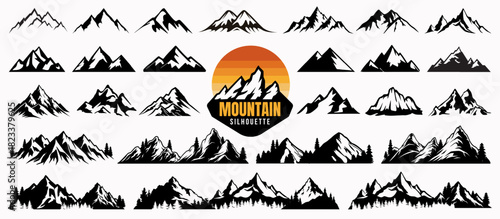 Summer or winter mountain silhouette with christmas or pine tree. Hill hiking icon or forest camping logo for holiday travel business. Mountain line art, nature background or outdoor adventure sticker