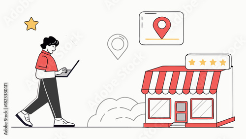 Person utilizing laptop for local business search, online reviews, and marketing strategies, enhancing store visibility and customer engagement.