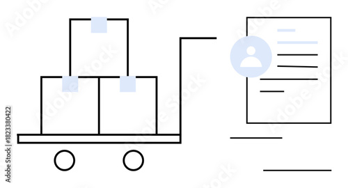 Trolley loaded with cardboard boxes connected to user profile data, representing logistics and customer service. Ideal for delivery, supply chain, e-commerce, inventory, operations, management