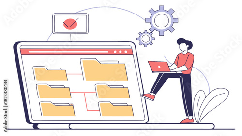 Efficient digital file management system illustration with a person optimizing data workflow, settings, and successful organization.