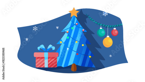 Vibrant blue christmas tree illustration with glowing festive lights, a wrapped gift box, and hanging ornaments creating a joyful holiday scene