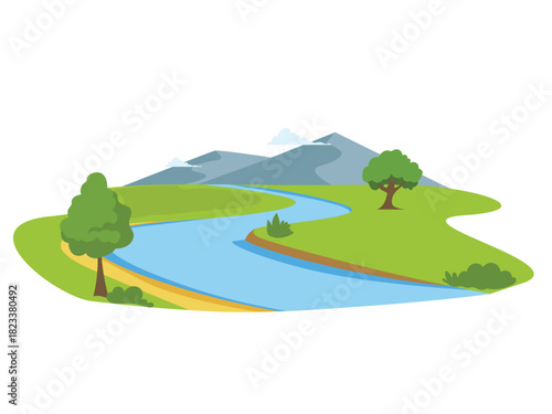 River cartoon, waterways, river bank with tree and mountain