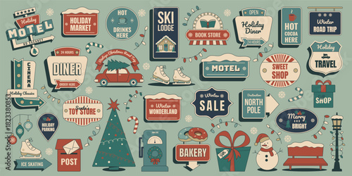 Retro Christmas winter town sticker set with holiday market,toy shop,book store,cinema,snowman,skates,festive signs. Vintage mid century 50s vector illustration for cozy new year holidays, road trip