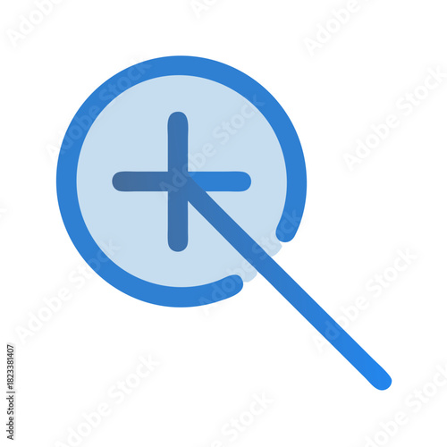 Blue zoom in icon on black background flat design