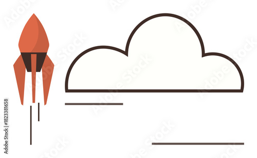 Rocket lifting off near a cloud, representing exploration, innovation, aspiration, success, technology, growth advancement. Ideal for startups cloud computing speed futuristic design. Simple flat