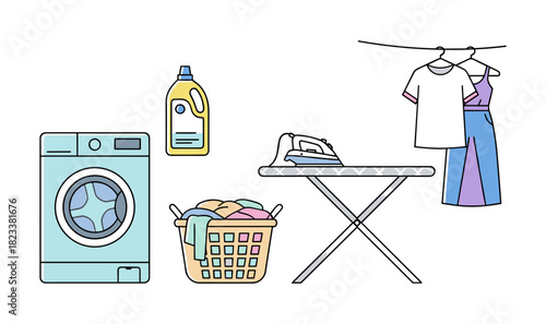 Laundry day items for washing and ironing clothes