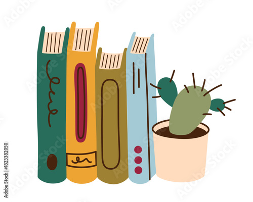 Vector illustration with flat cartoon bookshelf with colorful books and small cactus pot, cozy reading corner mood, self time atmosphere, warm interior decor theme for lifestyle visuals