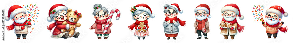 Fototapeta premium Set of grandparents festive Christmas isolated transparent background.