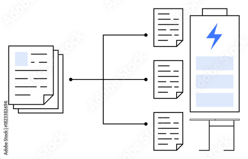 Stack of documents connected to a digital device with a lightning bolt, indicating data processing. Ideal for data management, digitalization, automation, technology, workflow optimization