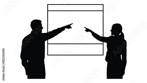 Two people pointing at a screen silhouette isolated on white background, Vector