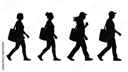 People walking with bags silhouettes isolated on white background, Vector