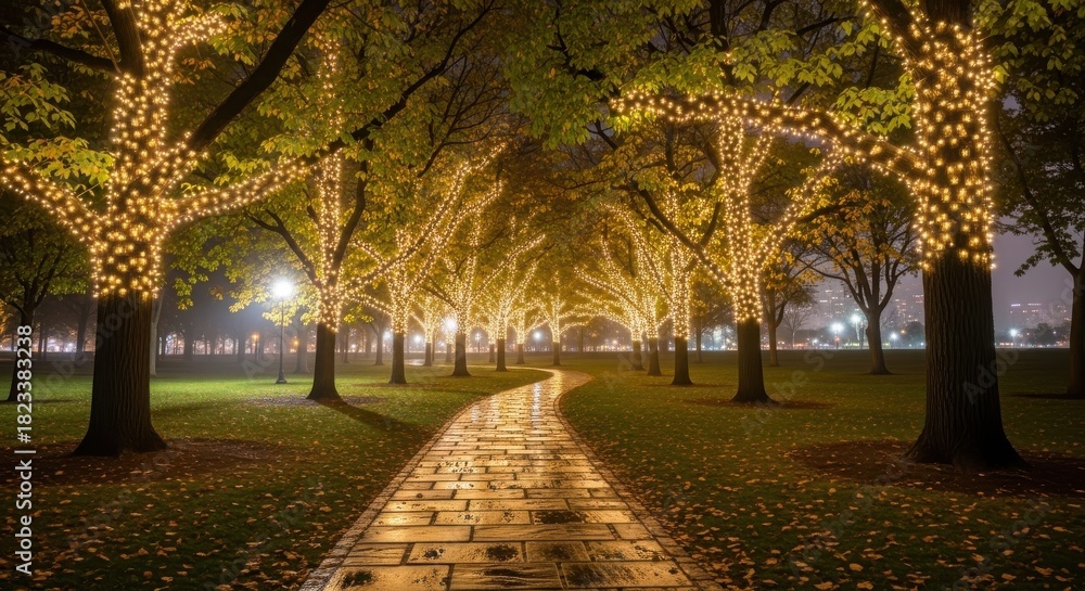 Obraz premium A pathway through a park is illuminated by trees wrapped in lights