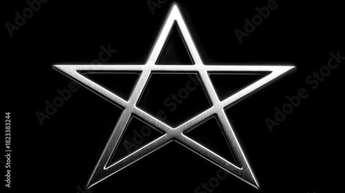 A metallic silver pentagram star symbol with a textured finish set against a solid black background.